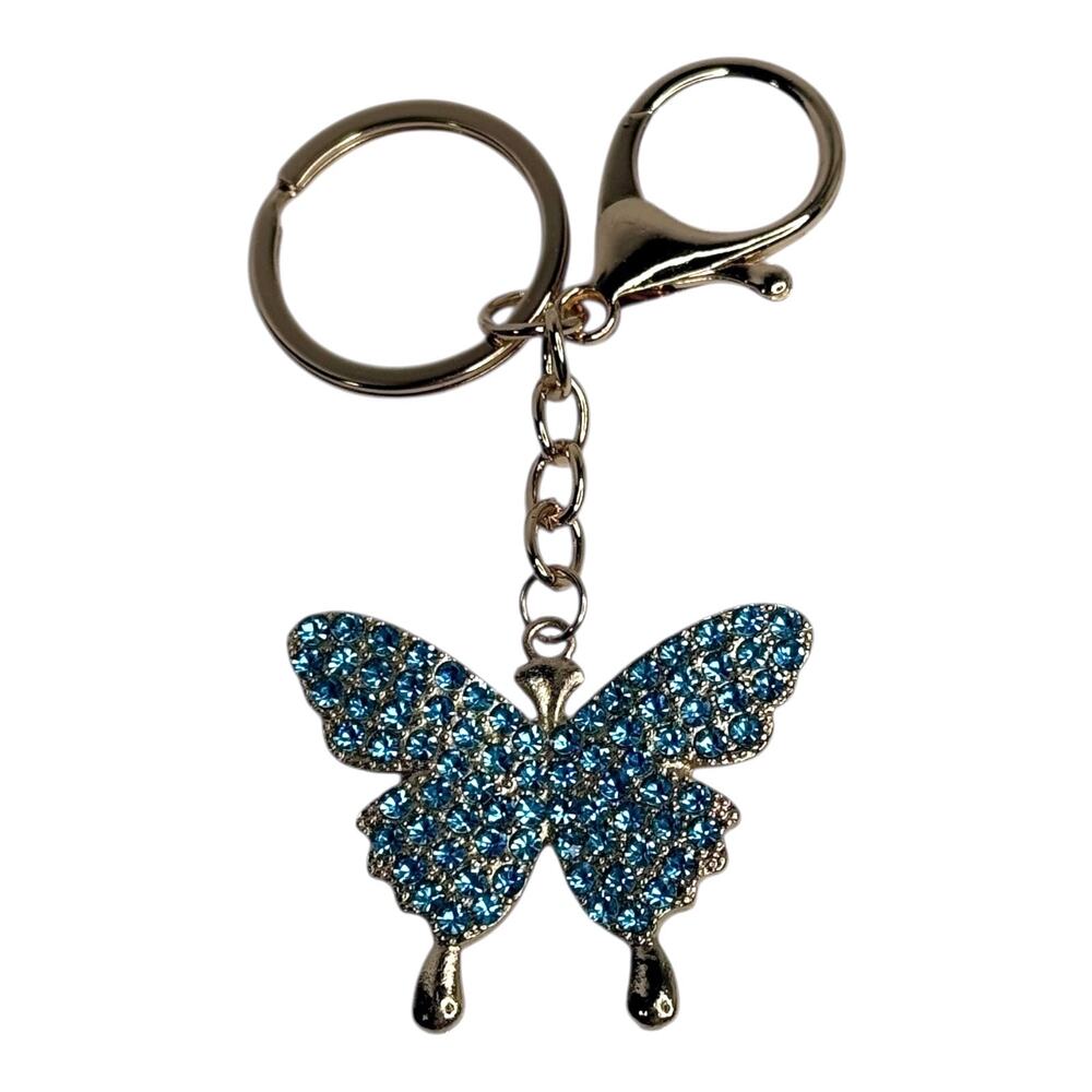 Mint Rhinestone Butterfly Bag Charm Blue Crystal Key Chain Ring Backpack Purse - Picture 4 of 5